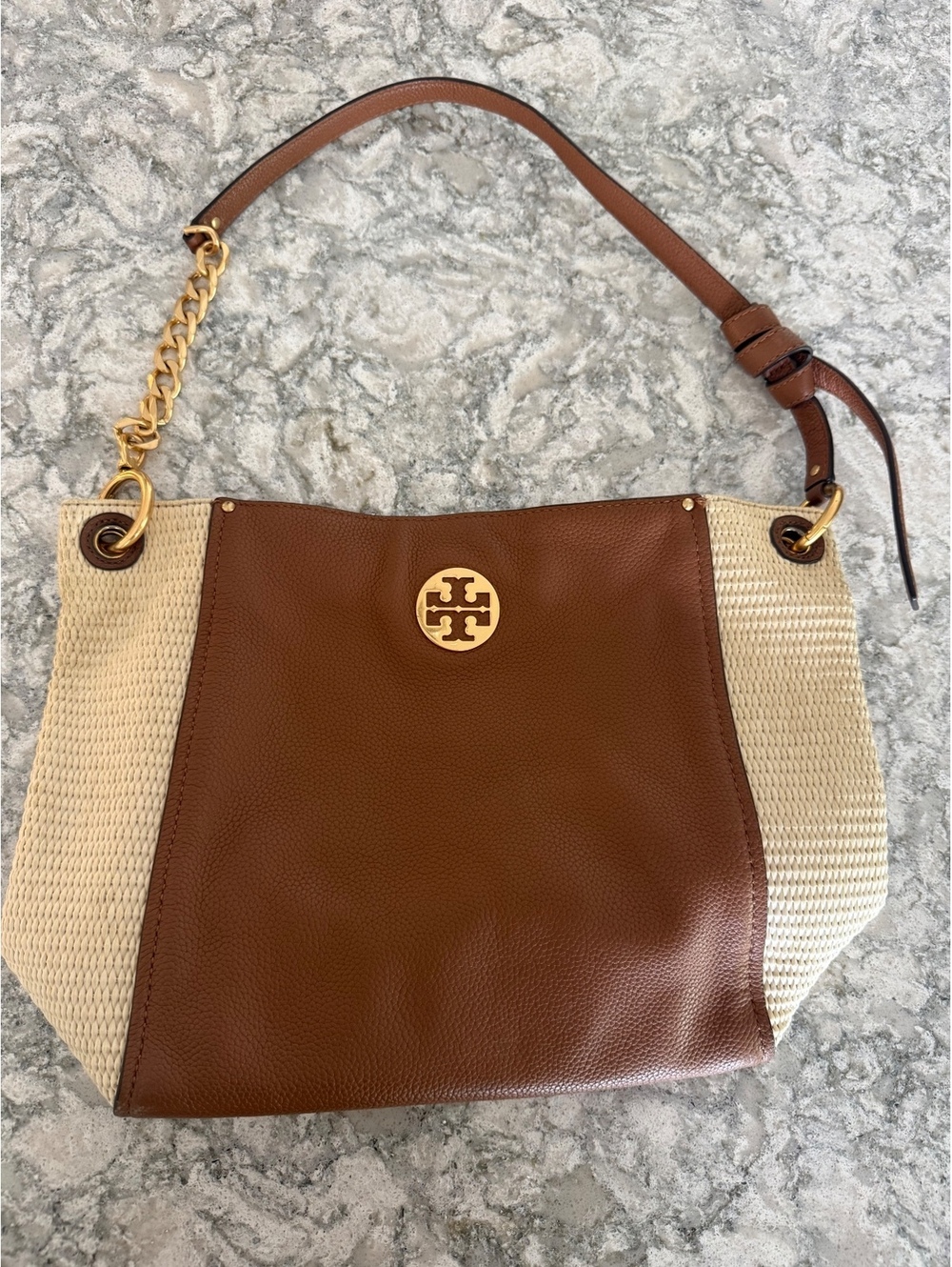 Tory Burch Everly Leather and Straw Hobo bag